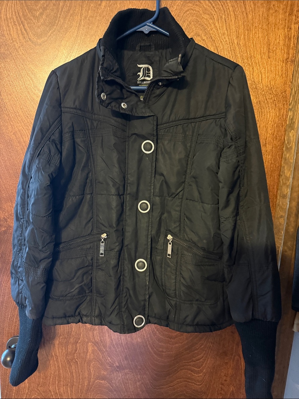 Girls Large Black Quilted Puff Jacket with Snap Front